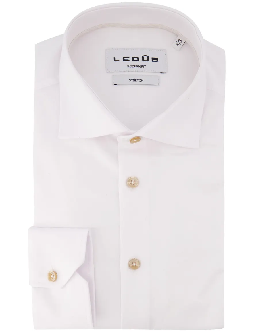 Ledub modern fit stretch overhemd wit wide spread boord
