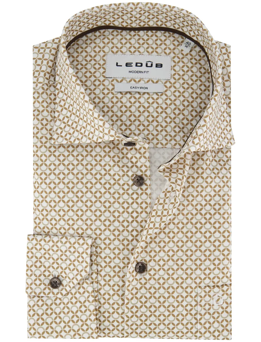 Ledub Modern Fit overhemd ml 7 patroon bruin katoen