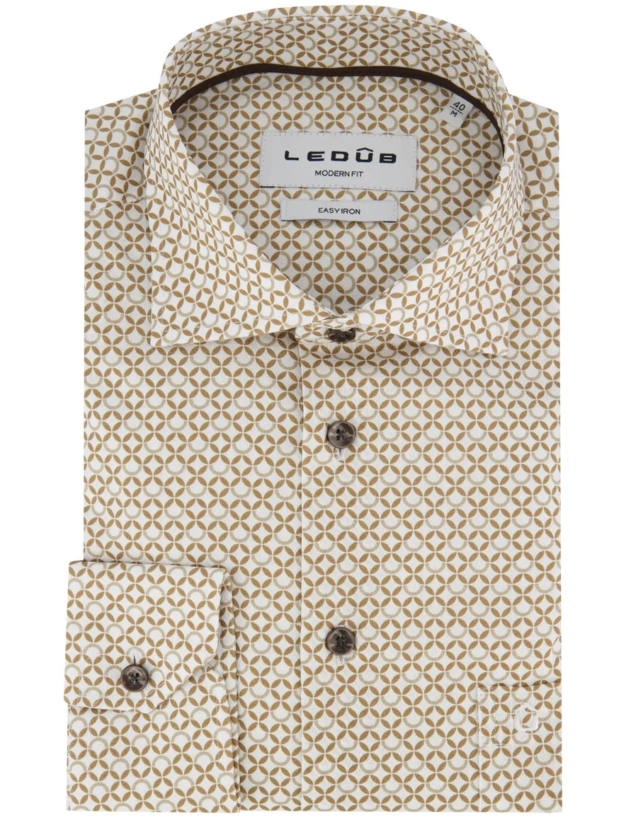 Ledub Modern Fit overhemd ml 7 patroon bruin katoen