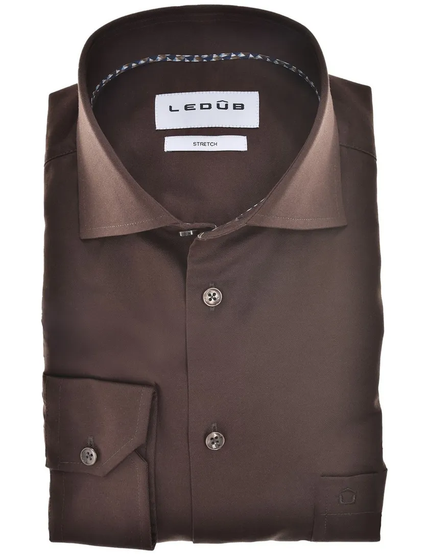 Mouwlengte 7 overhemd Ledub Modern Fit bruin stretch