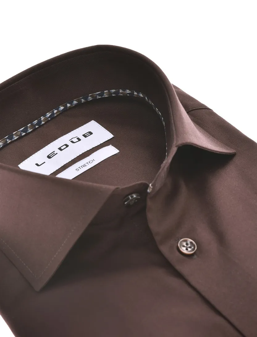 Mouwlengte 7 overhemd Ledub Modern Fit bruin stretch