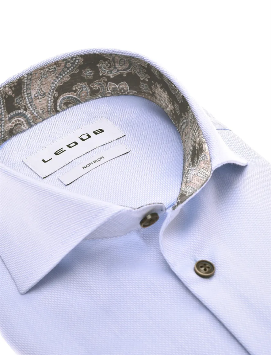 Overhemd Ledub Modern Fit blauw strijkvrij mouwlengte 7