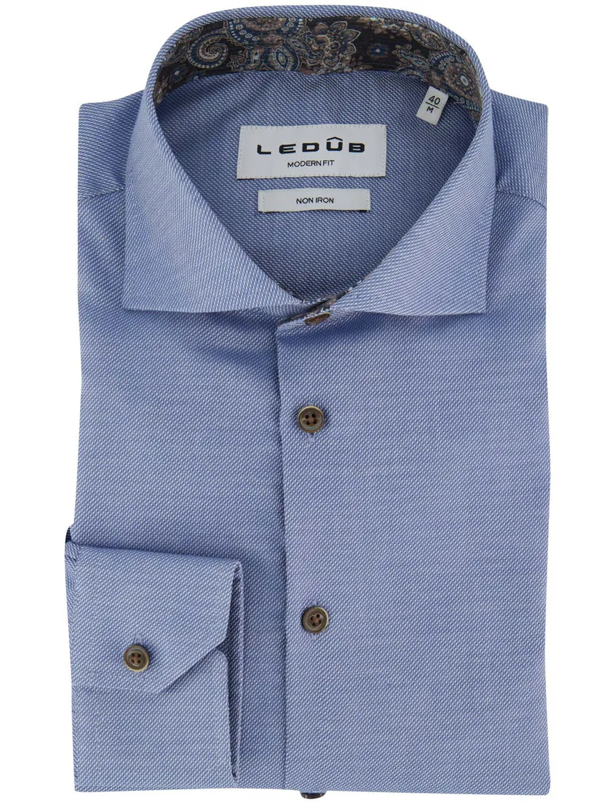 Ledub modern fit overhemd non iron blauw effen ml7 wide collar