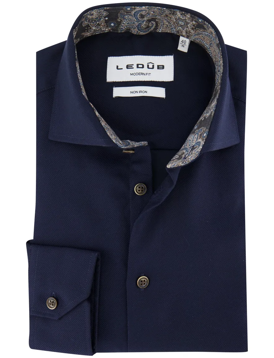 Ledub overhemd donkerblauw effen strijkvrij