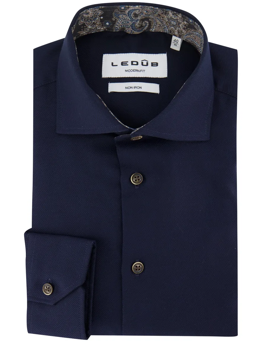 Ledub overhemd donkerblauw effen strijkvrij