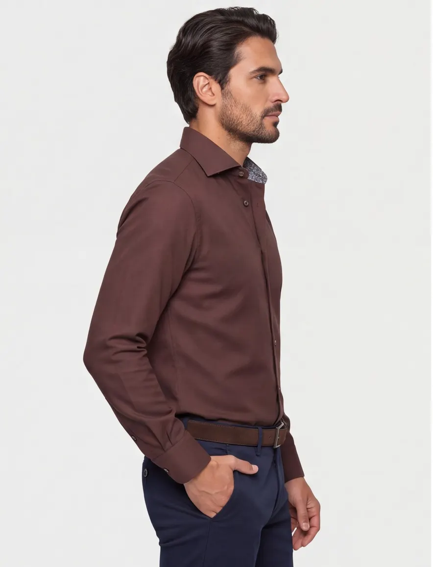 Ledub Overhemd Modern fit bruin strijkvrij