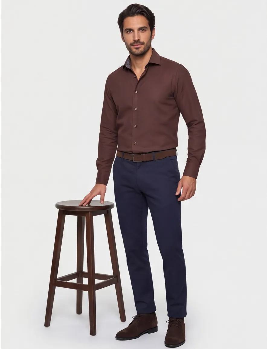 Ledub Overhemd Modern fit bruin strijkvrij