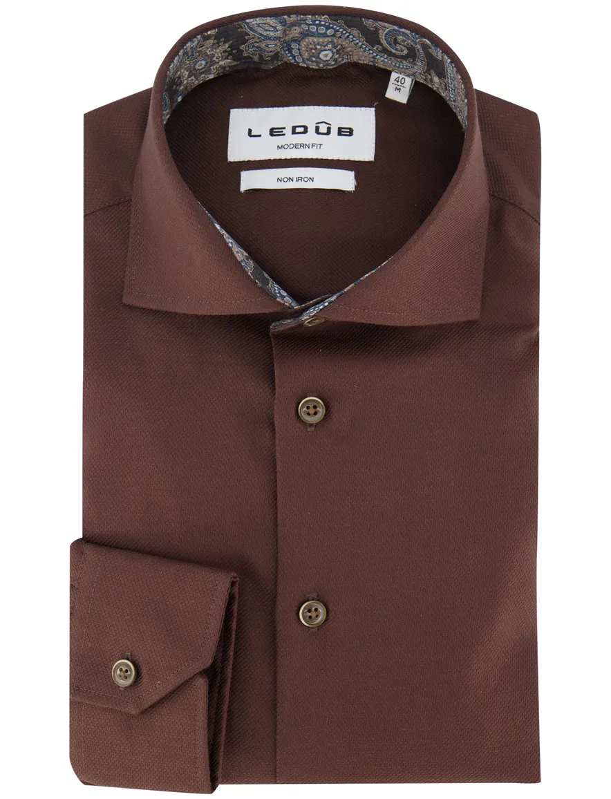 Ledub Overhemd Modern fit bruin strijkvrij