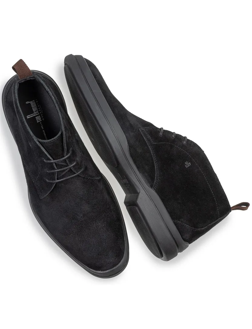 Floris van Bommel hoge veterschoen suede zwart effen