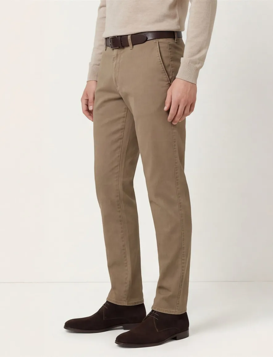 Brax Fabio pantalon effen bruin wijde fit katoen flatfront