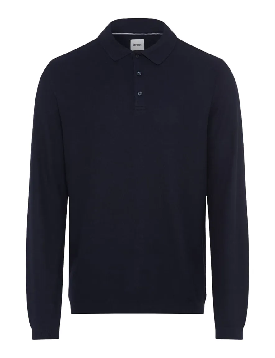 Brax polo lange mouw donkerblauw effen
