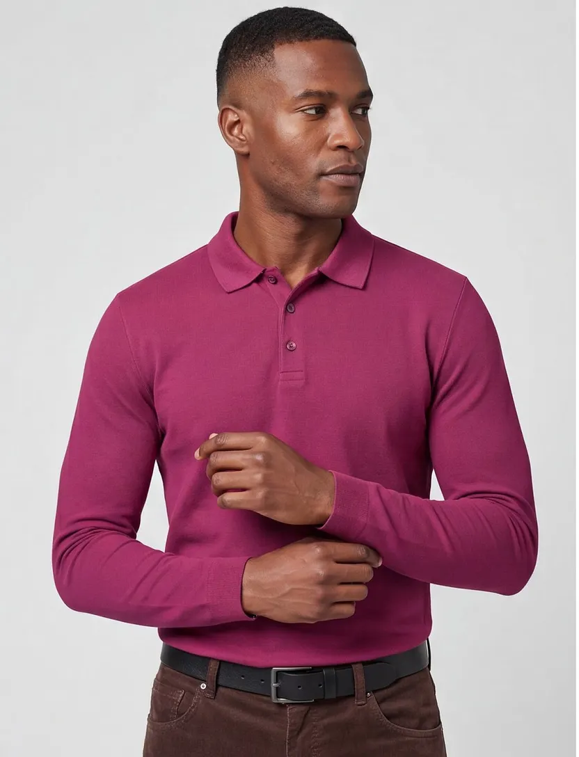 katoenen Brax knitted polo lange mouw bordeaux effen