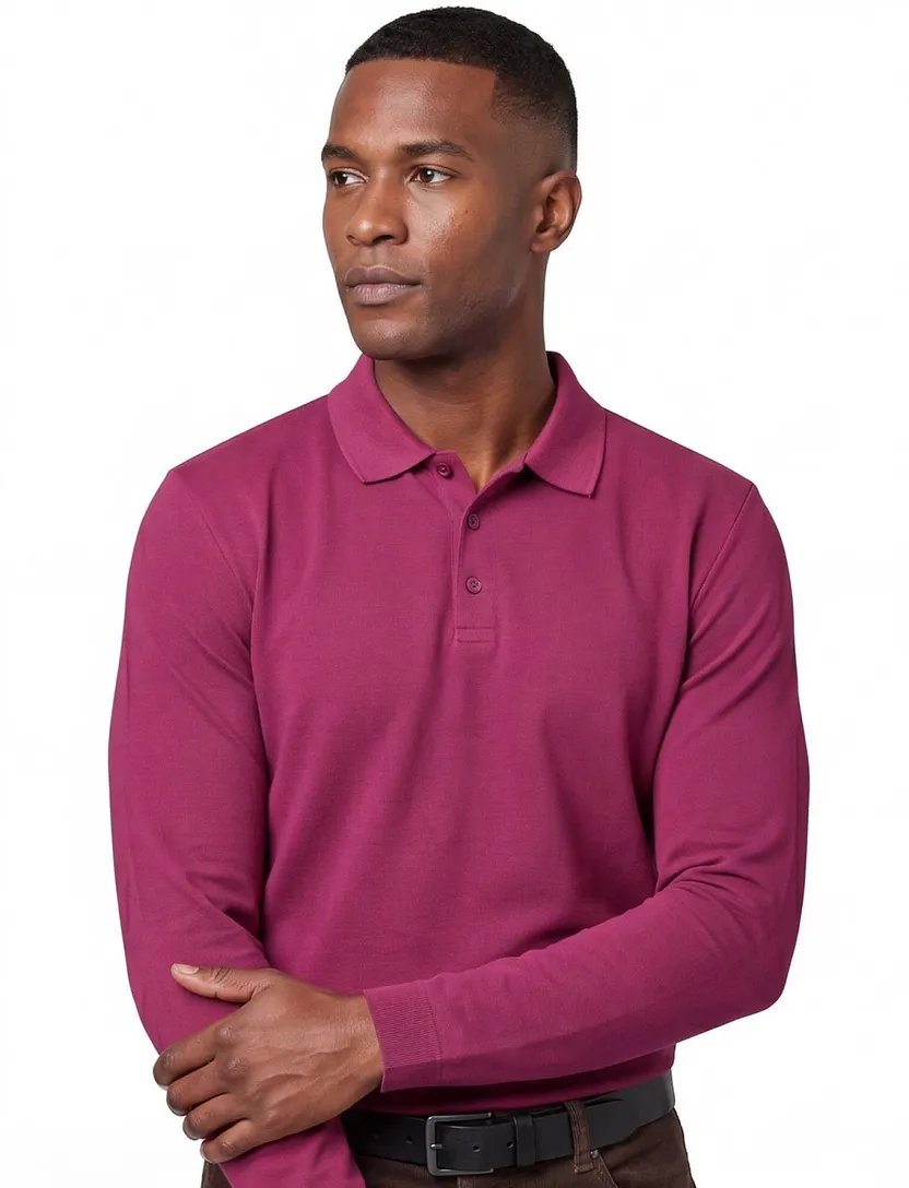 katoenen Brax knitted polo lange mouw bordeaux effen