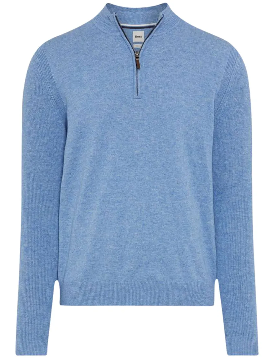 Brax trui half-zip lichtblauw gemêleerd wol