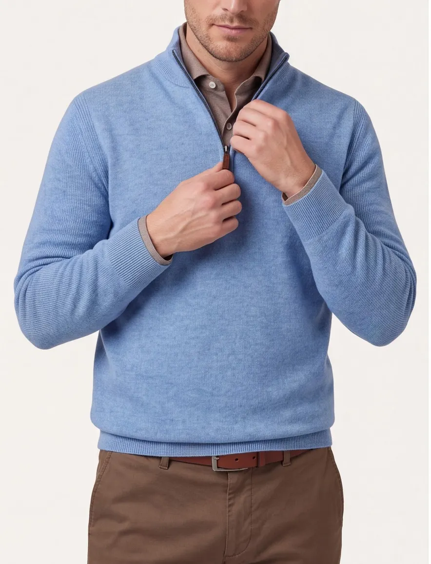 Brax trui half-zip lichtblauw gemêleerd wol
