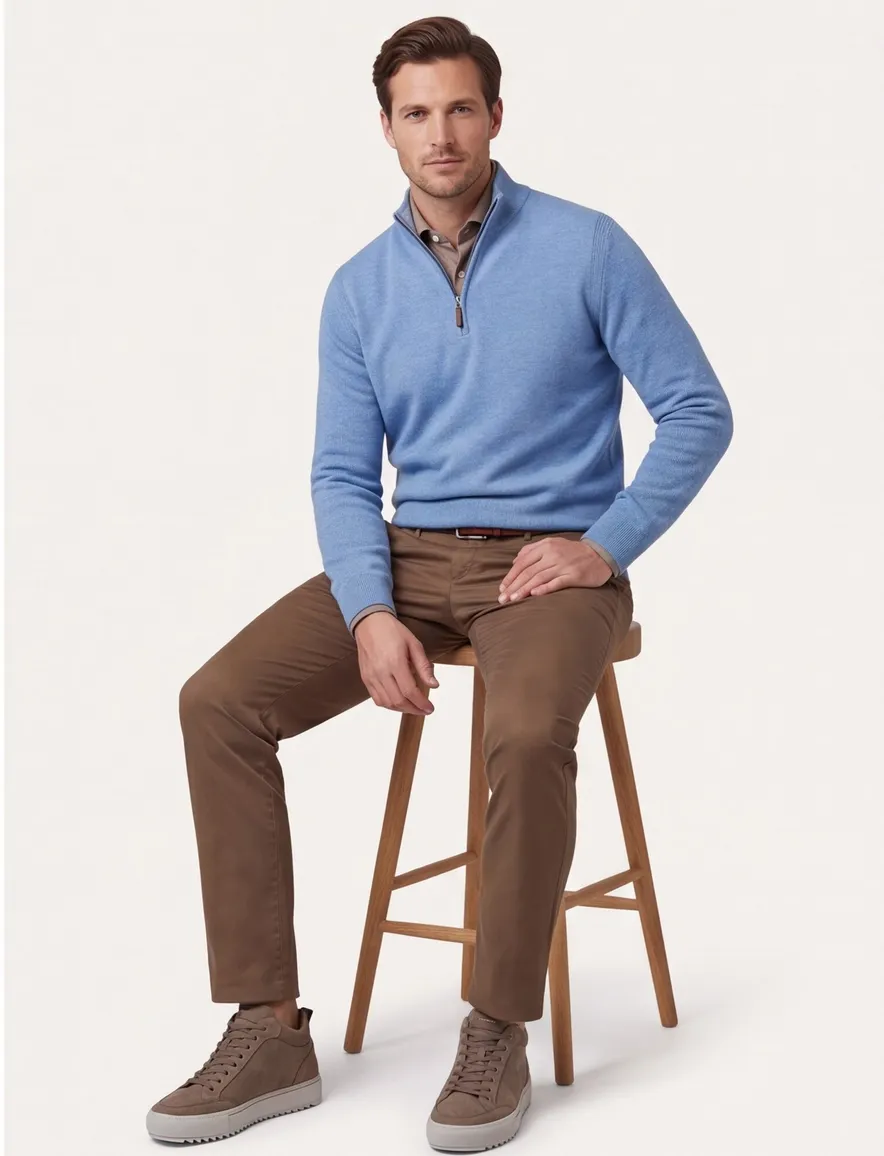 Brax trui half-zip lichtblauw gemêleerd wol