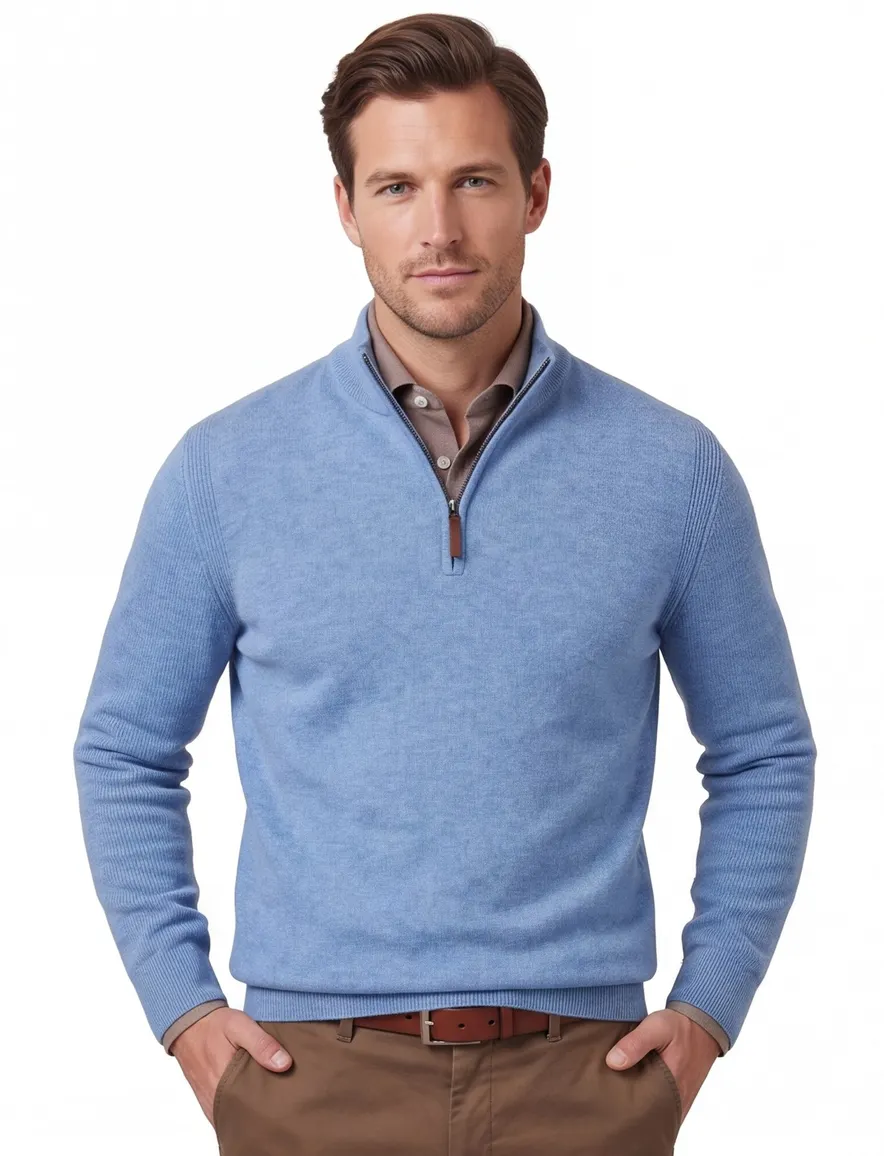 Brax trui half-zip lichtblauw gemêleerd wol