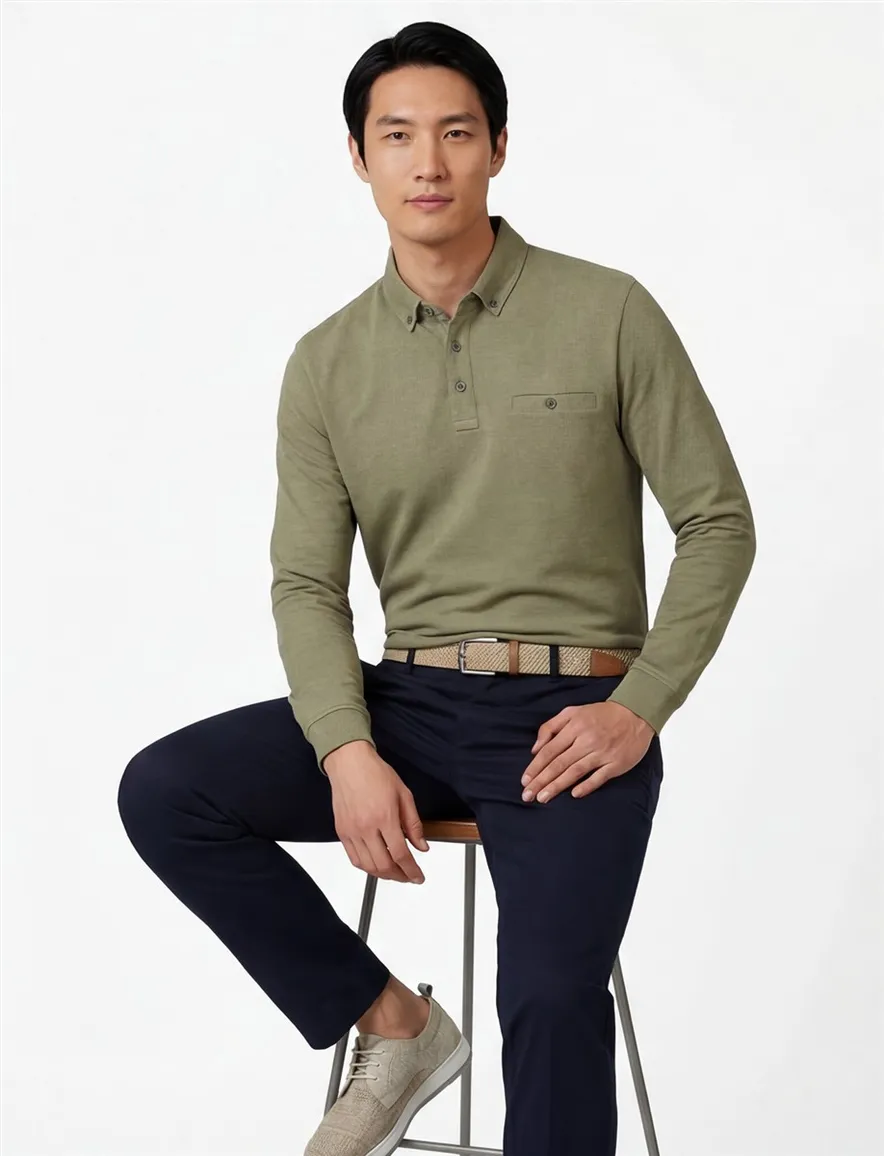 Casa Moda polo-lange-mouw groen 3-knoops
