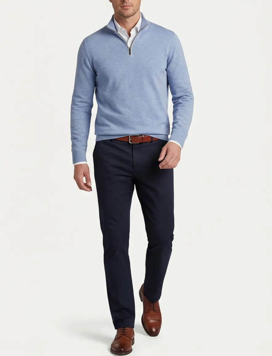 Casa Moda pull over wijde fit lichtblauw half zip