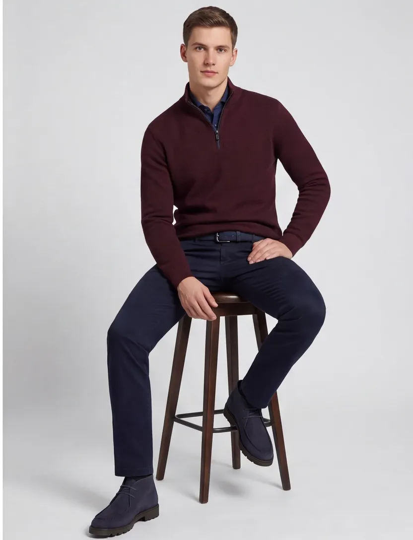Casa Moda trui effen bordeaux half zip wijde fit