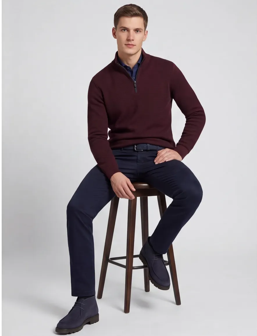 Casa Moda trui half zip effen bordeaux wijde fit