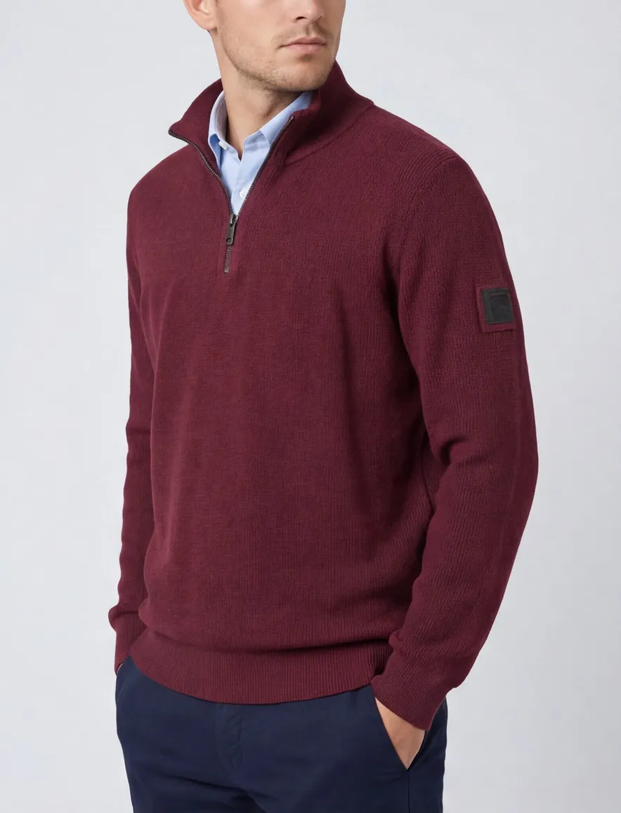 Casa Moda bordeaux half-zip trui effen
