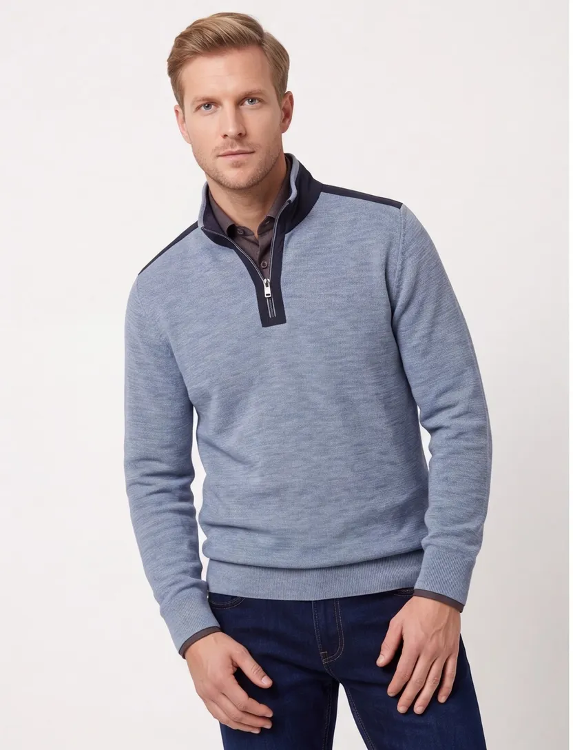 Casa Moda blauw half-zip trui 100% katoen