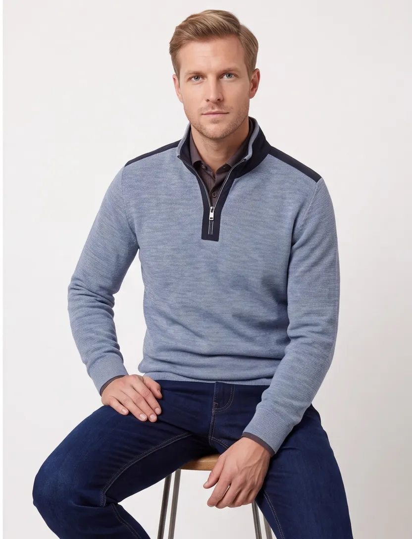 Casa Moda blauw half-zip trui 100% katoen