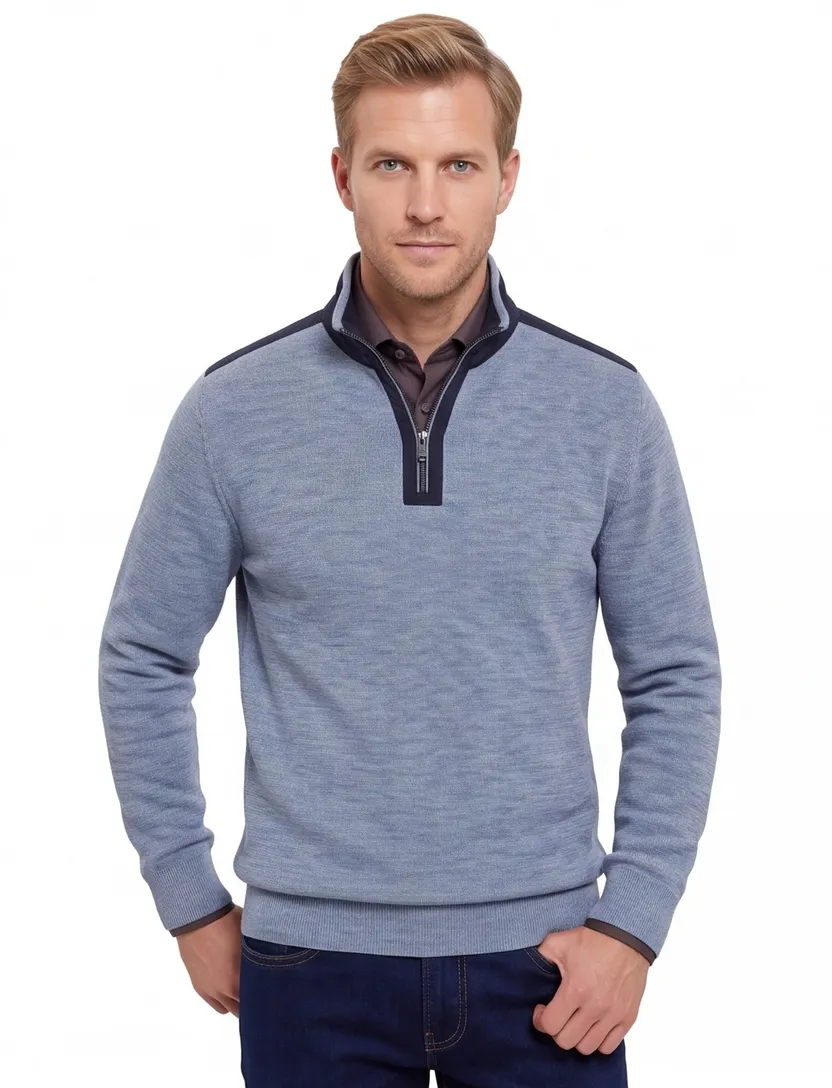 Casa Moda blauw half-zip trui 100% katoen