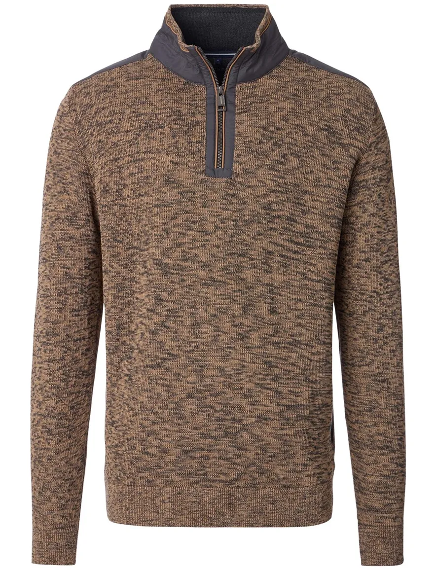 Casa Moda trui half zip bruin gemeleerd 100% katoen