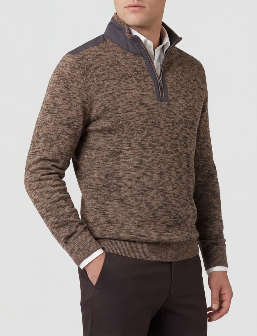 Casa Moda trui half zip bruin gemeleerd 100% katoen