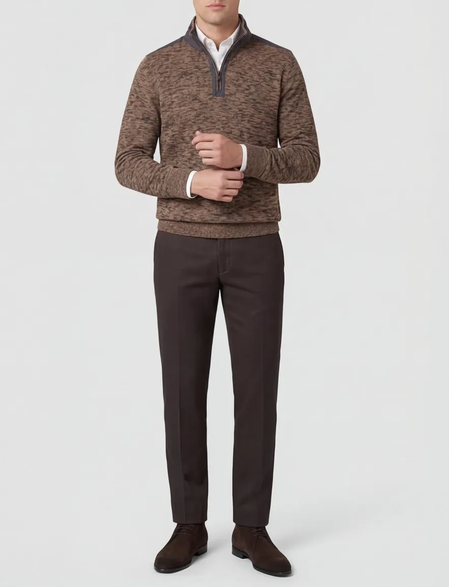 Casa Moda trui half zip bruin gemeleerd 100% katoen