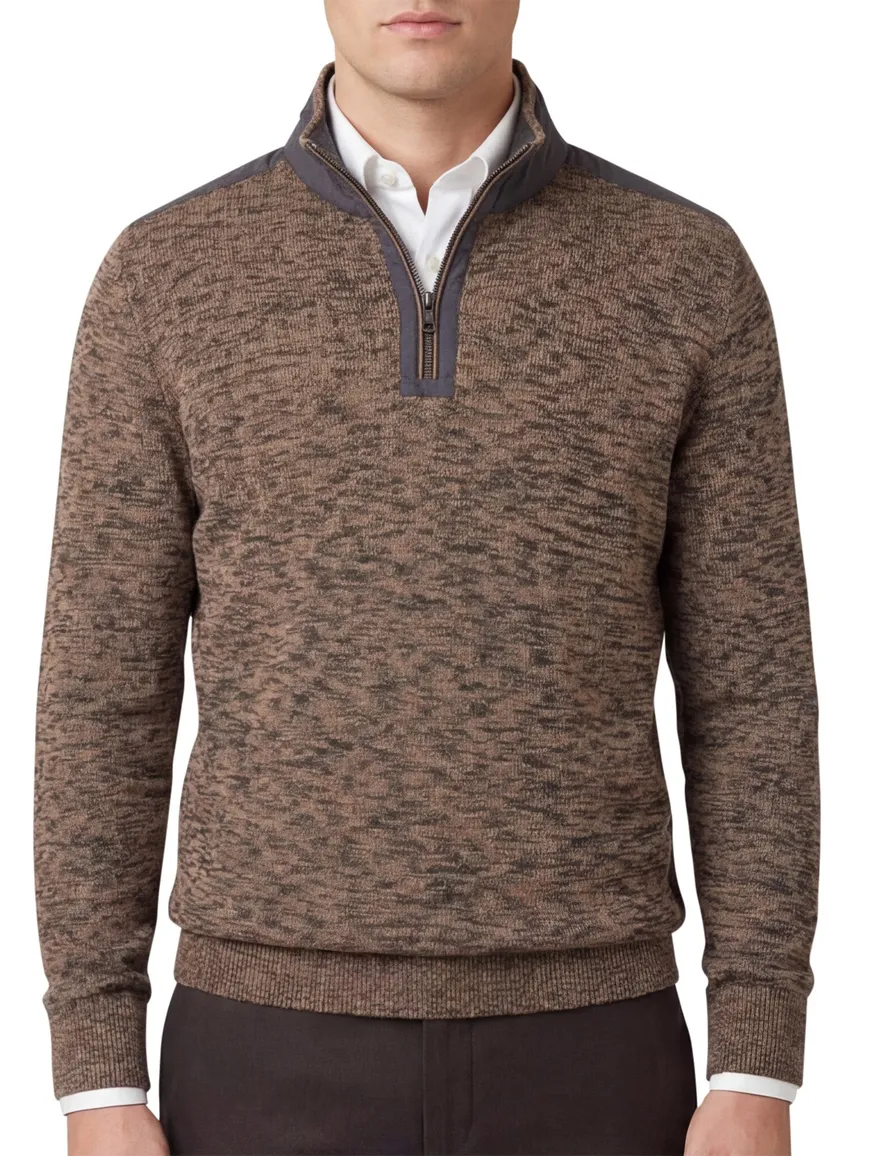 Casa Moda trui half zip bruin gemeleerd 100% katoen
