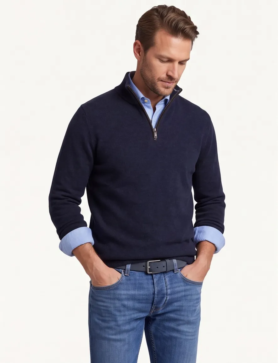 Casa Moda donkerblauw half-zip trui effen