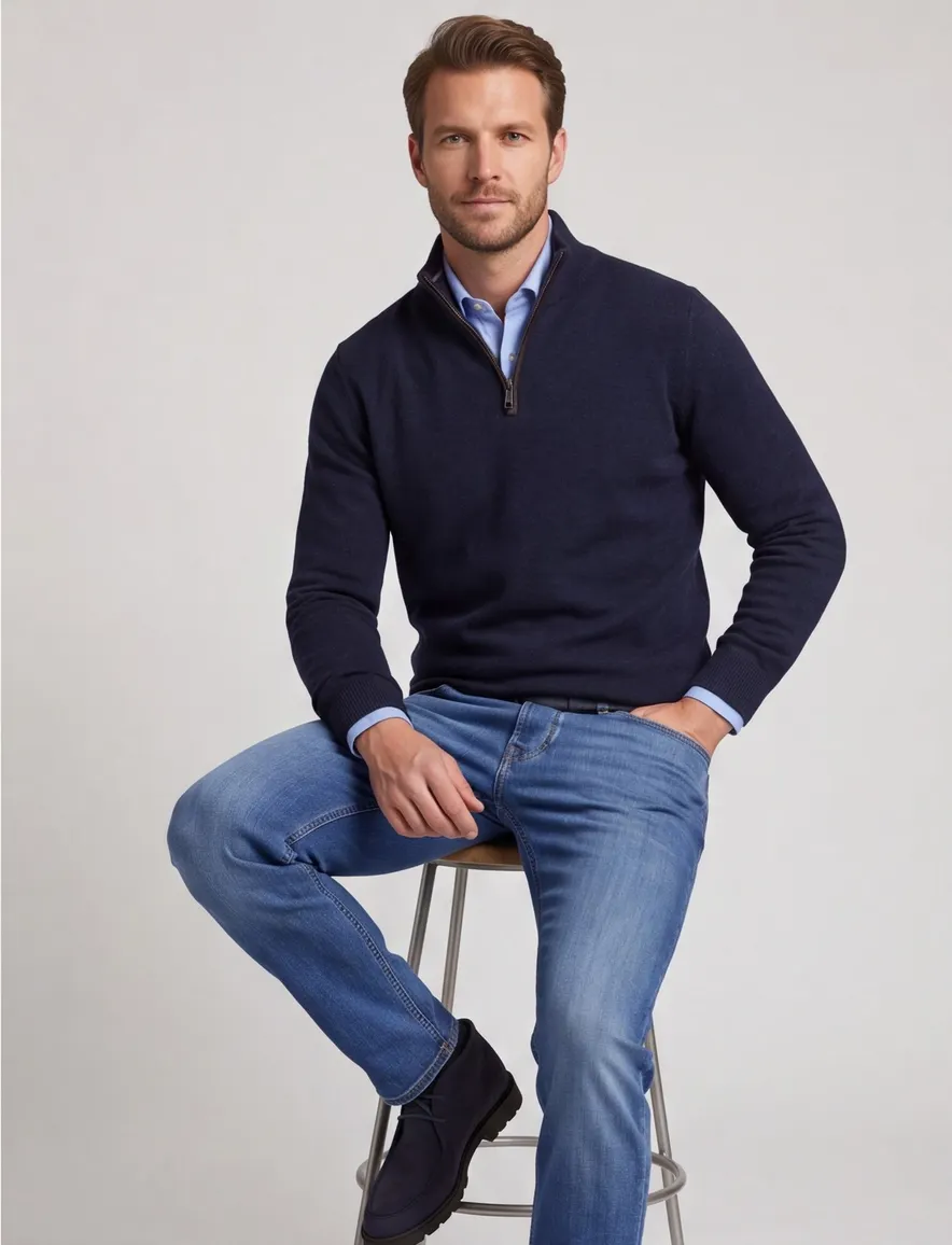 Casa Moda donkerblauw half-zip trui effen
