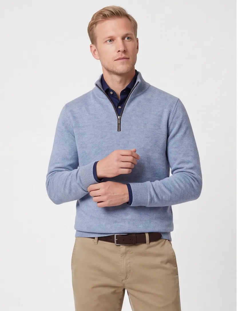 Casa Moda lichtblauw half-zip trui met boord