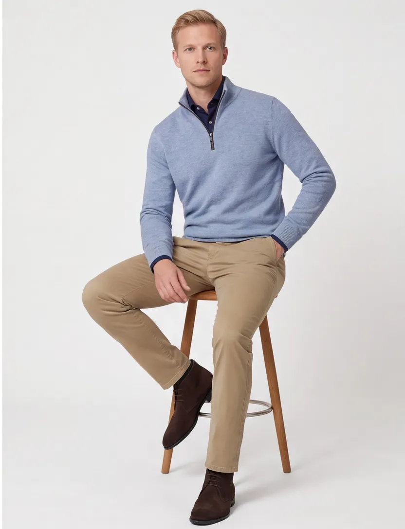 Casa Moda lichtblauw half-zip trui met boord