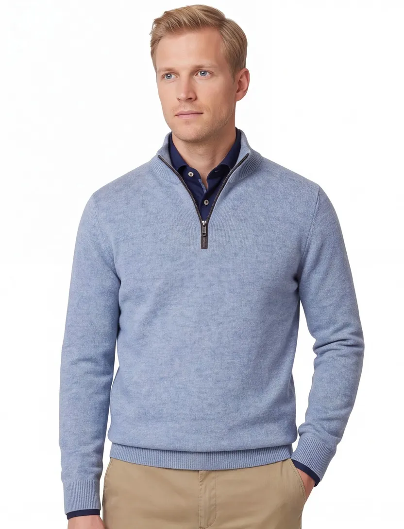 Casa Moda lichtblauw half-zip trui met boord