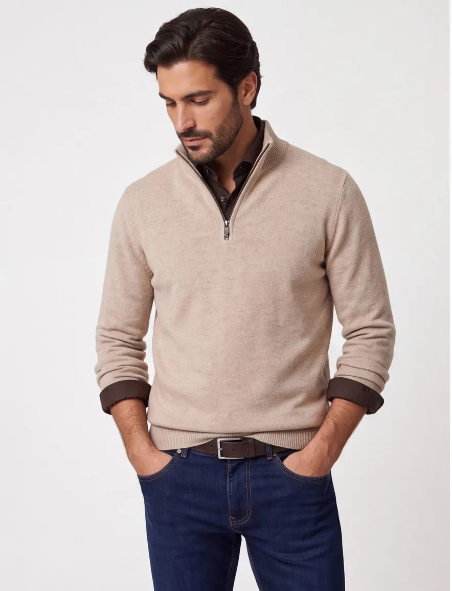 Casa Moda beige half-zip trui gemêleerd gebreid