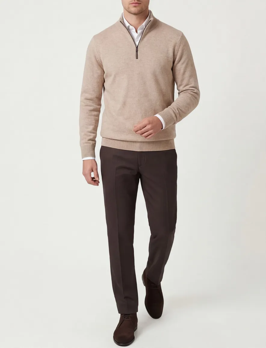 Casa Moda beige half-zip trui gemêleerd gebreid