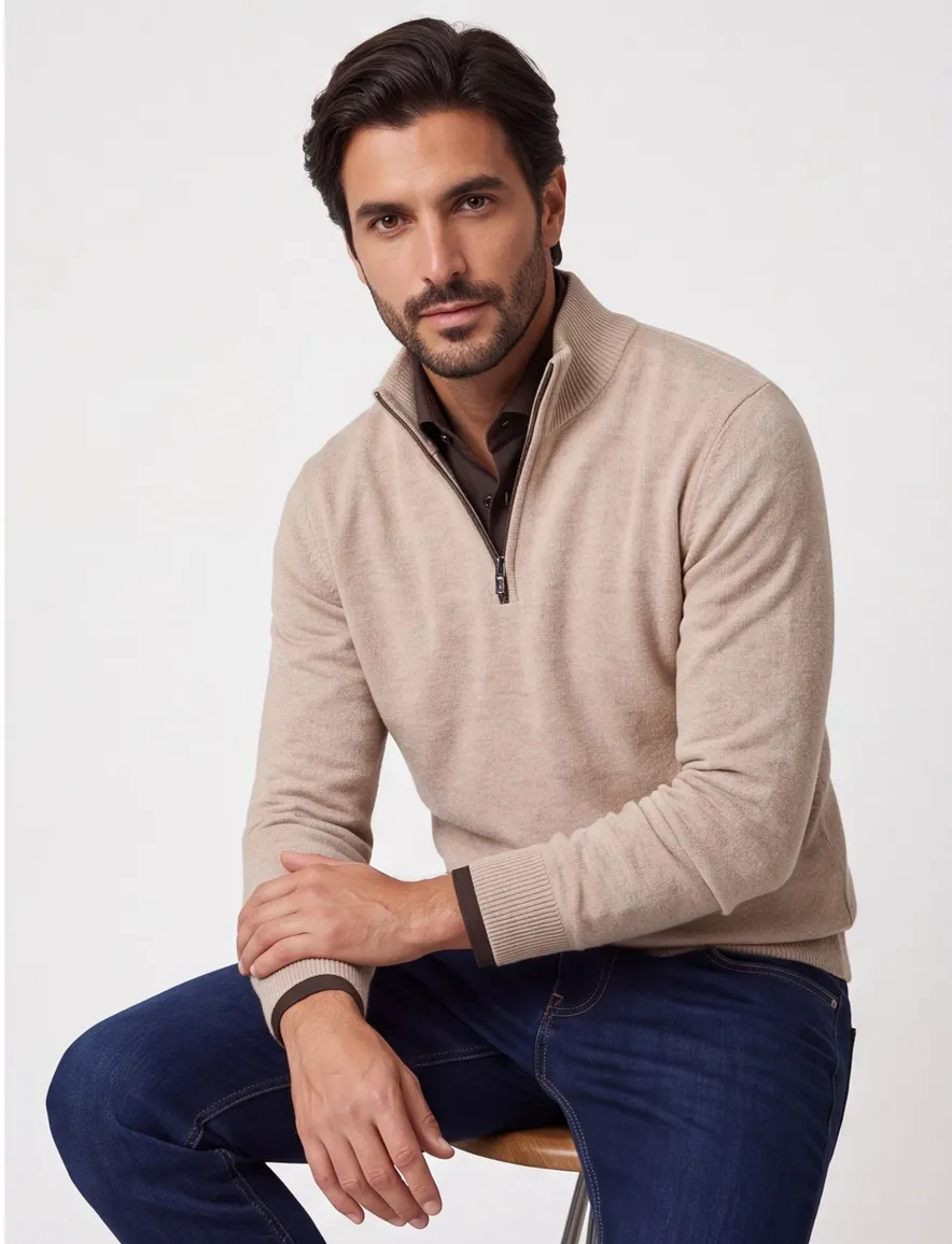 Casa Moda beige half-zip trui gemêleerd gebreid