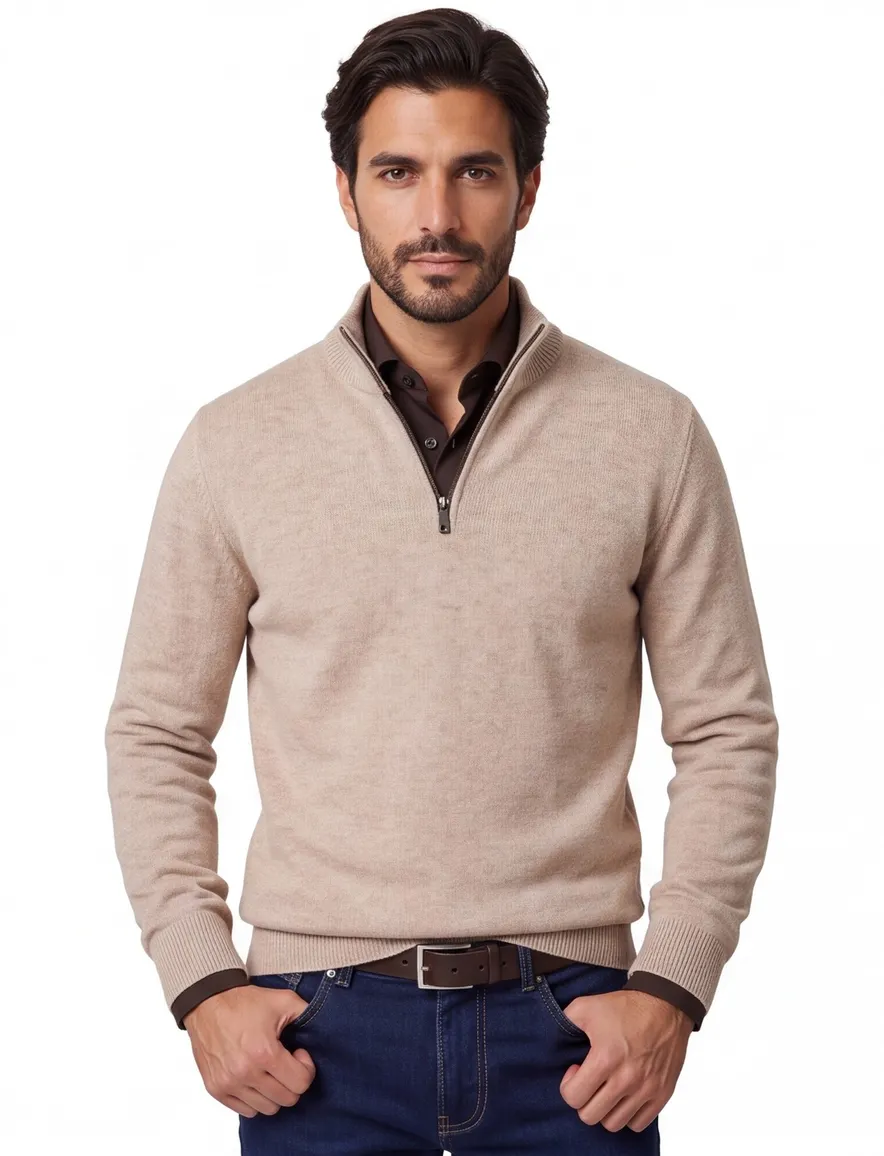 Casa Moda beige half-zip trui gemêleerd gebreid