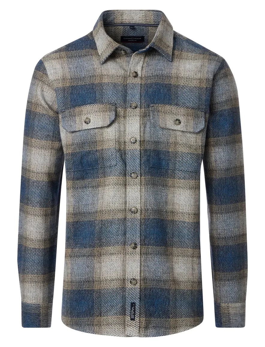 Casa Moda overshirt blauw geruit casual fit met dubbele borstzak