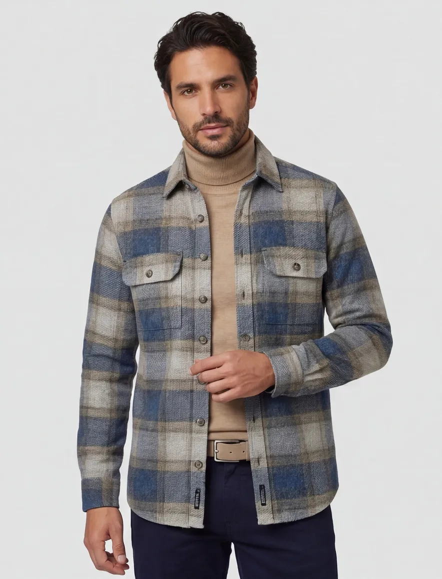 Casa Moda overshirt blauw geruit casual fit met dubbele borstzak