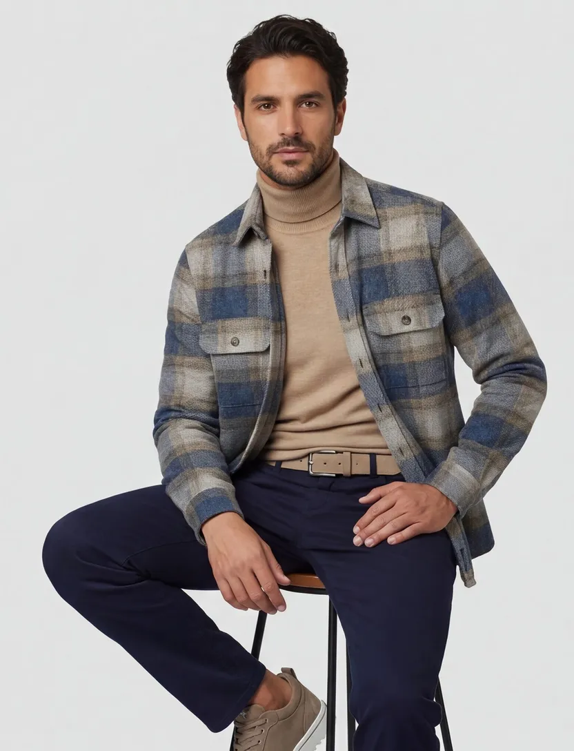 Casa Moda overshirt blauw geruit casual fit katoen