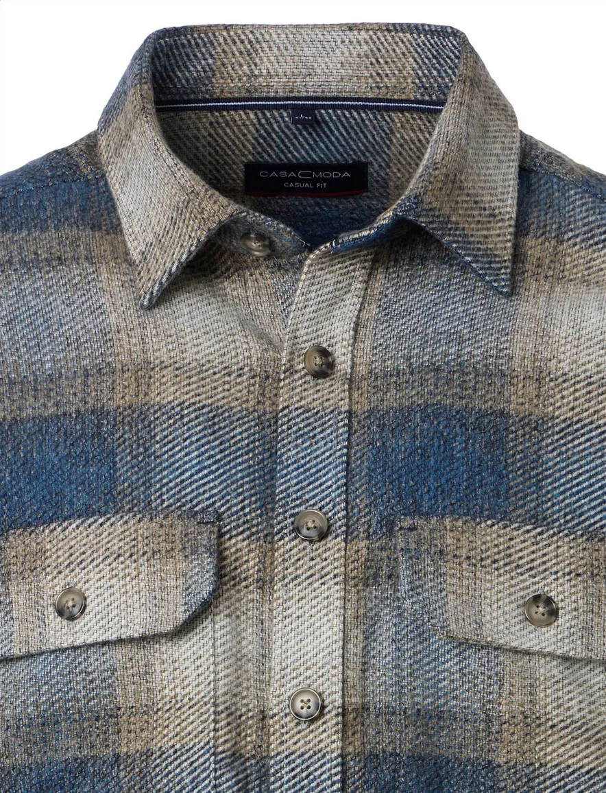 Casa Moda overshirt blauw geruit casual fit met dubbele borstzak