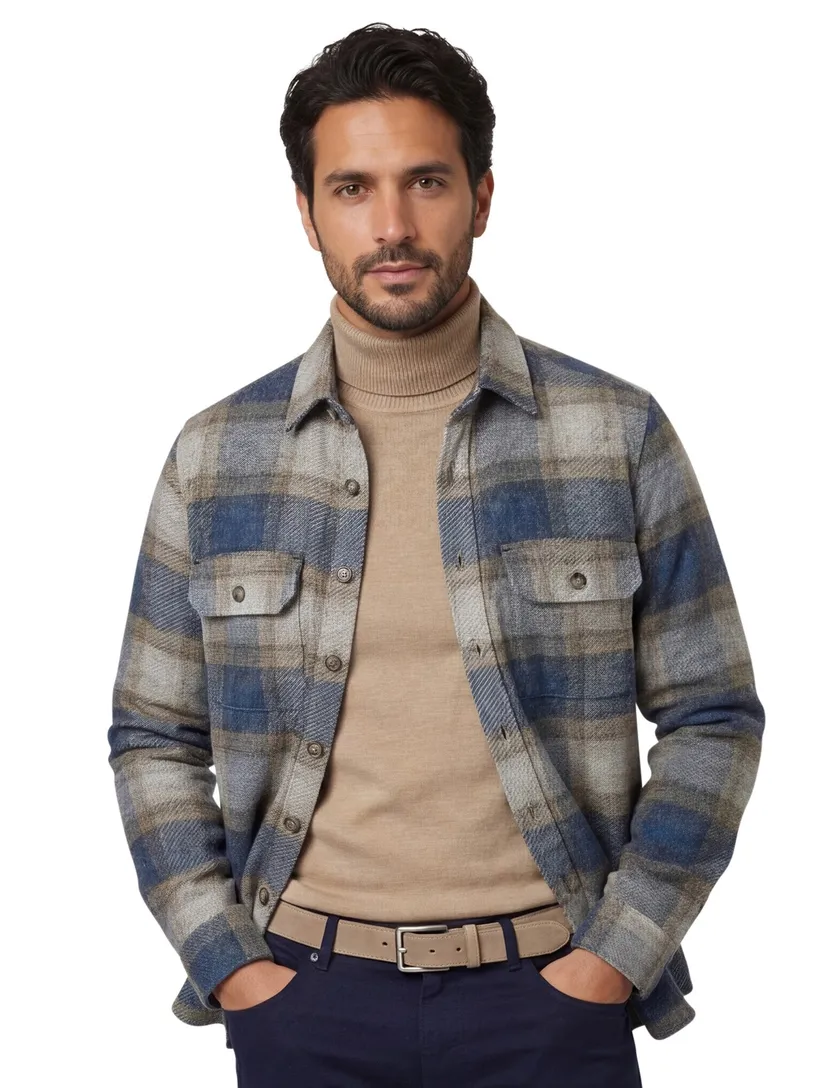Casa Moda overshirt blauw geruit casual fit katoen
