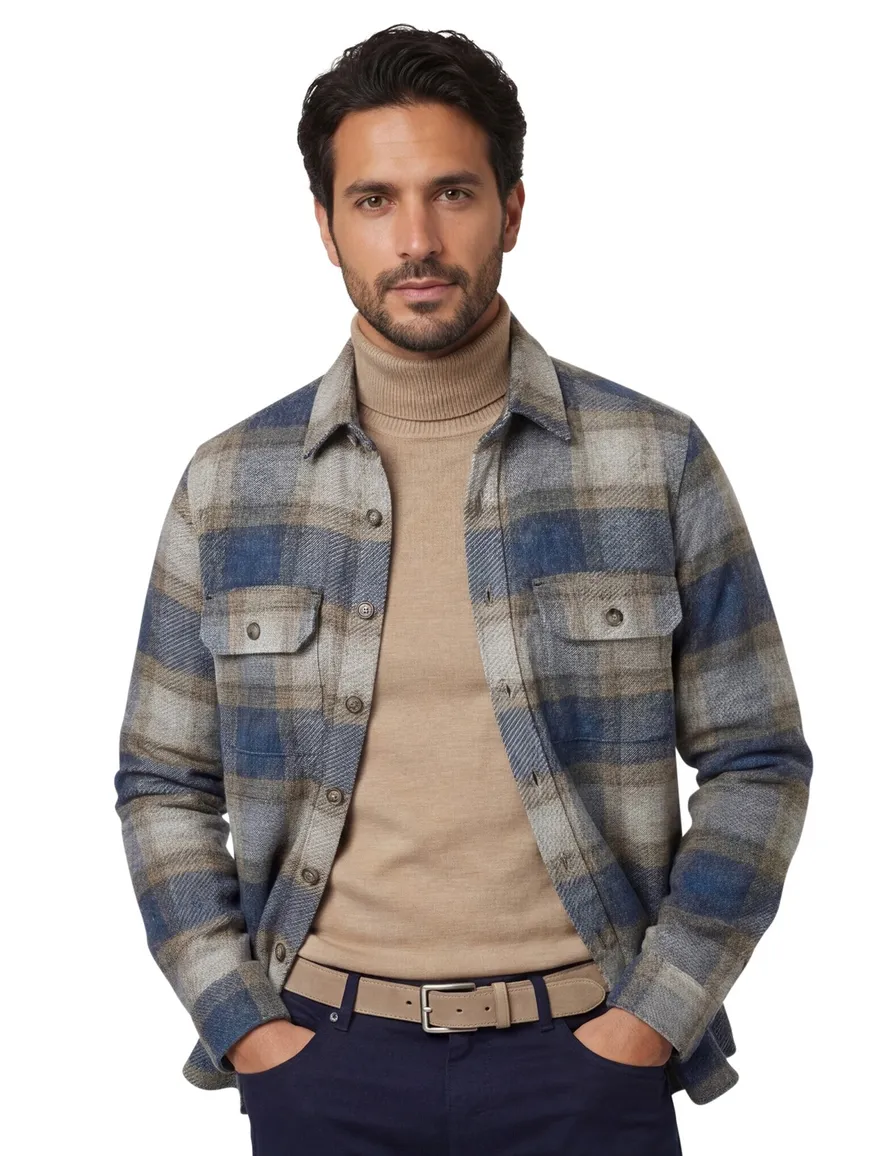Casa Moda overshirt blauw geruit casual fit met dubbele borstzak
