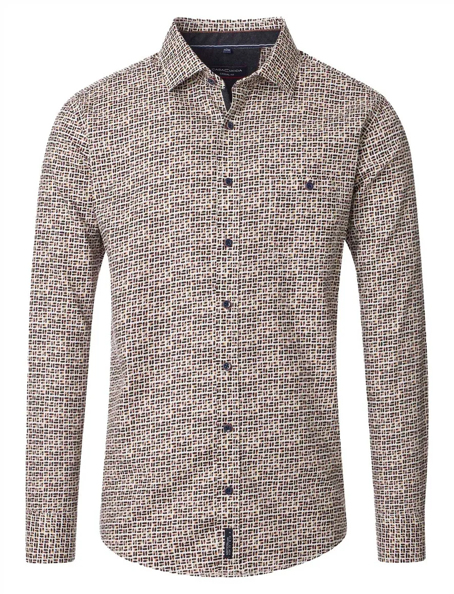 Casa Moda overhemd geprint bruin katoen wijde fit