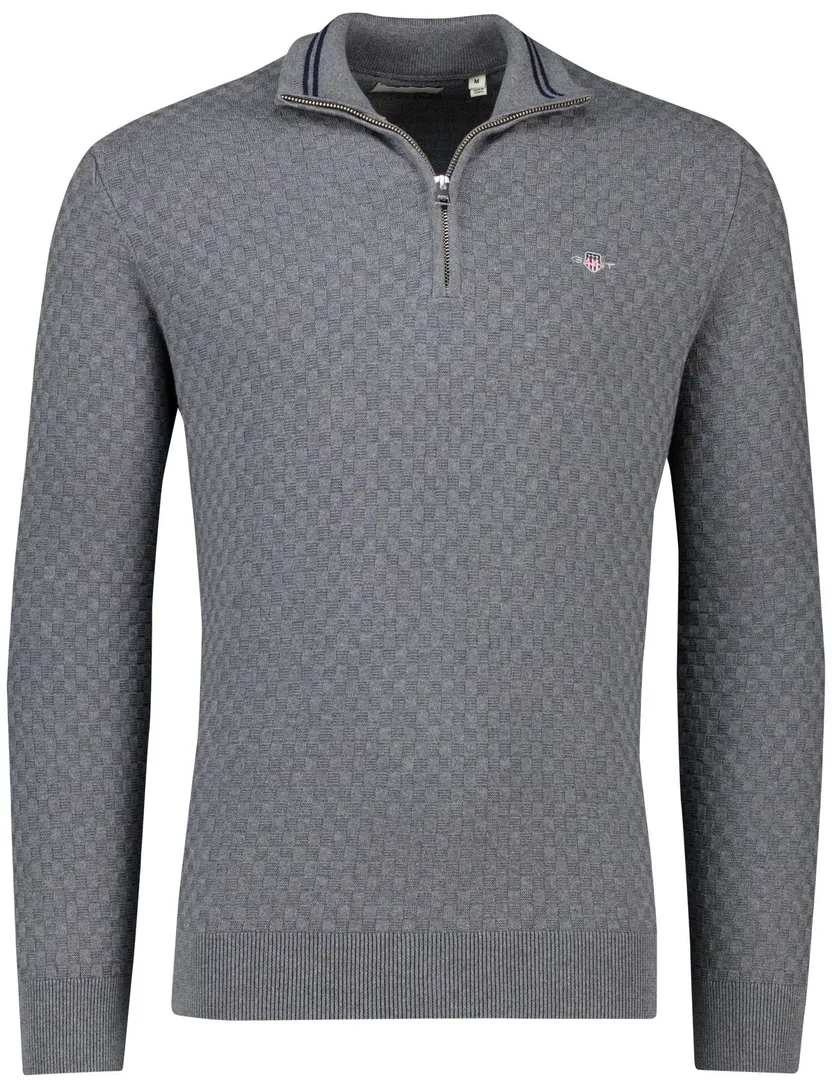 trui Gant grijs effen normale fit katoen half zip